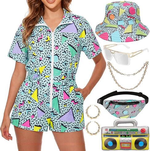 VillbeCoser 80s 90s Outfits for Women Neon Color Block Jumpsuit Tracksuit One Piece Costume with Accessories Retro Party in Saudi Arabia