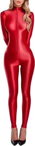 SEAUR Women's Sexy Glossy Long Sleeve Bodysuit Oil Shiny Stretchy Full Body Catsuit Footless One Piece Unitard in Kuwait