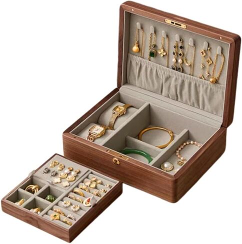 Bescott 2 Layer Solid Black Walnut Wooden Jewelry Box with Lock and Key for Women Wood Vintage Organizer for Men Earrings Rings Necklaces Bracelet Watch Storage in Saudi Arabia