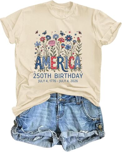 American Shirts for Women 4th of July 250th Birthday Shirt Patriotic Floral Graphic Tees Memorial Day Crewneck Tops in Saudi Arabia