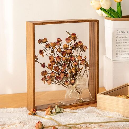 Wooden Dried Flower Shadow Box Frame, A4 Size (8.3x11.7 Inches) Double Glass Floating Display, Walnut Double-Sided Plexiglass Photo Frame for Tabletop, DIY, Crafts, Specimens, and Photos, 1 Pack in Kuwait