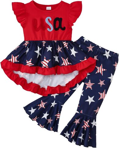 Goodplayer Toddler Girls 4th of July Outfit Kids Girls American Clothes USA Fourth of July Dress Shirt Pants Set in Saudi Arabia