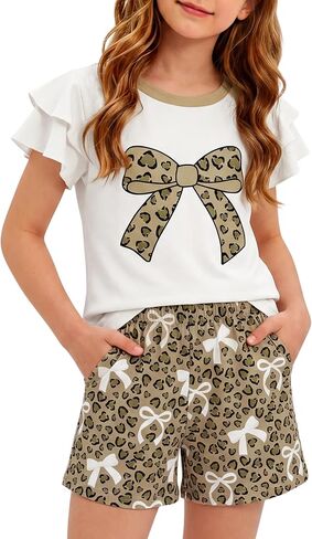 Girls Summer Outfits 2 Piece Ruffle Short Sleeve and Shorts Cute Clothing Sets 7-12 Years in Saudi Arabia