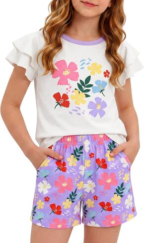 Girls Summer Outfits 2 Piece Ruffle Short Sleeve and Shorts Cute Clothing Sets 7-12 Years in Saudi Arabia