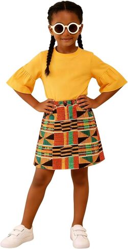 MODNTOGA African Attire Kids Girl Bell Sleeves T-Shirt Ankara Skirt Girls Dashiki Clothes Black History Months Outfit 2T-9Y in Kuwait
