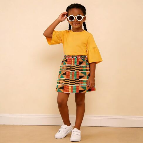 MODNTOGA African Attire Kids Girl Bell Sleeves T-Shirt Ankara Skirt Girls Dashiki Clothes Black History Months Outfit 2T-9Y in Kuwait