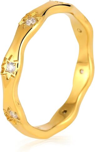 Gold Plated Stackable Rings | 4mm Chunky Dome Band with Sparkling Cubic Zirconia | Dainty Finger Ring for Women | Non Tarnish Wedding Band & Daily Wear Ring |size 6-9 in Saudi Arabia