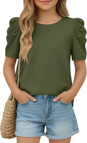 Halfchet Girls' Puff Short Sleeve T Shirts Summer Casual Crewneck Tops Kids Solid Tees 5-14 Years in Kuwait