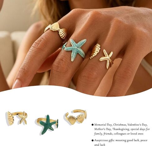3pcs Starfish Ring Set for Women Beach Theme Open Rings Summer Stackable Jewelry Vintage Ocean Inspired Adjustable in Kuwait