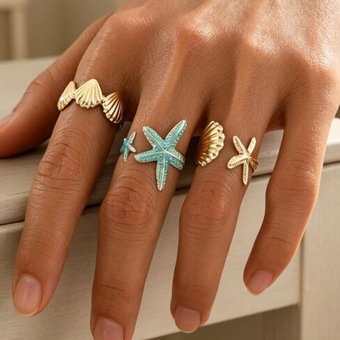 3pcs Starfish Ring Set for Women Beach Theme Open Rings Summer Stackable Jewelry Vintage Ocean Inspired Adjustable in Kuwait
