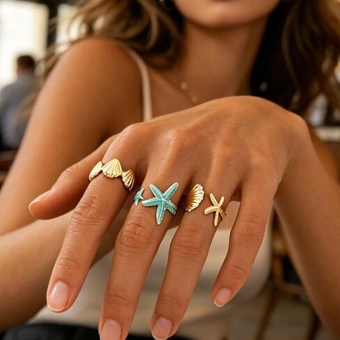 3pcs Starfish Ring Set for Women Beach Theme Open Rings Summer Stackable Jewelry Vintage Ocean Inspired Adjustable in Kuwait