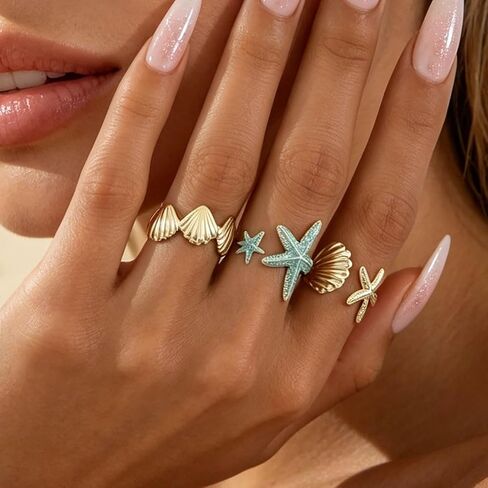 3pcs Starfish Ring Set for Women Beach Theme Open Rings Summer Stackable Jewelry Vintage Ocean Inspired Adjustable in Kuwait