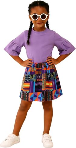 MODNTOGA African Attire Kids Girl Bell Sleeves T-Shirt Ankara Skirt Girls Dashiki Clothes Black History Months Outfit 2T-9Y in Kuwait