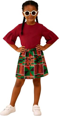 MODNTOGA African Attire Kids Girl Bell Sleeves T-Shirt Ankara Skirt Girls Dashiki Clothes Black History Months Outfit 2T-9Y in Kuwait