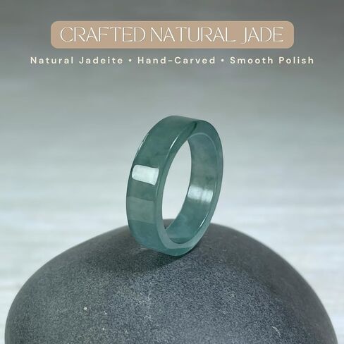 Genuine Jadeite Jade Ring – Icy Green Natural Jade Band, Polished Minimalist Everyday Stackable Statement Ring, Flat Plain Ring in Kuwait