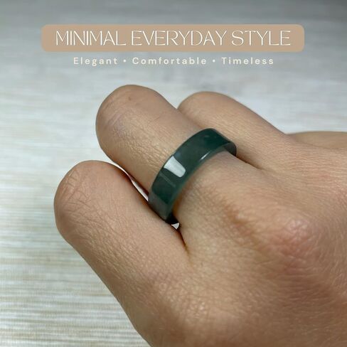 Genuine Jadeite Jade Ring – Icy Green Natural Jade Band, Polished Minimalist Everyday Stackable Statement Ring, Flat Plain Ring in Kuwait