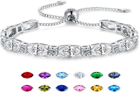 Birthstone Tennis Bracelet for Women, Marquise Shaped Gemstone, 925 Sterling Silver Base with White Gold Plating, Adjustable Bolo Chain, Fine Jewelry Gifts for Women Mom Wife Her in Saudi Arabia