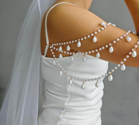 2 Pcs Pearl Shoulder Chain Detachable Bridal Arm Jewelry Layered Beaded Tassel Epaulettes for Wedding Prom Dress Sleeves Pearl Straps Accessory in Kuwait