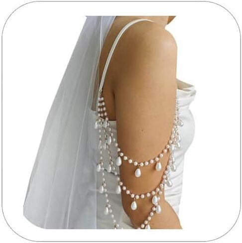 2 Pcs Pearl Shoulder Chain Detachable Bridal Arm Jewelry Layered Beaded Tassel Epaulettes for Wedding Prom Dress Sleeves Pearl Straps Accessory in Kuwait