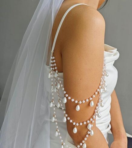 2 Pcs Pearl Shoulder Chain Detachable Bridal Arm Jewelry Layered Beaded Tassel Epaulettes for Wedding Prom Dress Sleeves Pearl Straps Accessory in Kuwait