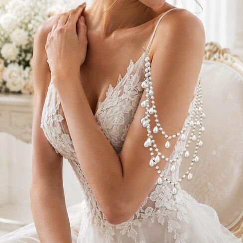 2 Pcs Pearl Shoulder Chain Detachable Bridal Arm Jewelry Layered Beaded Tassel Epaulettes for Wedding Prom Dress Sleeves Pearl Straps Accessory in Kuwait