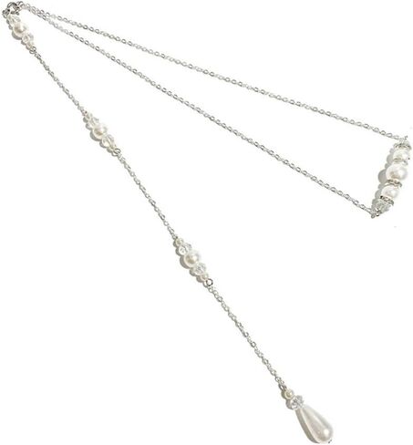 Elegant Pearl Back Chain Silver Crystal Back Drop Necklace Long Pearl Body Chain Wedding Backdrop Necklace Chain Summer Beach Body Jewelry for Women Backless Off-shoulder Dressing in Saudi Arabia