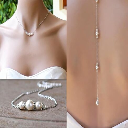 Elegant Pearl Back Chain Silver Crystal Back Drop Necklace Long Pearl Body Chain Wedding Backdrop Necklace Chain Summer Beach Body Jewelry for Women Backless Off-shoulder Dressing in Saudi Arabia