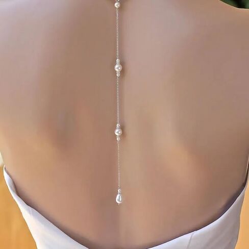 Elegant Pearl Back Chain Silver Crystal Back Drop Necklace Long Pearl Body Chain Wedding Backdrop Necklace Chain Summer Beach Body Jewelry for Women Backless Off-shoulder Dressing in Saudi Arabia