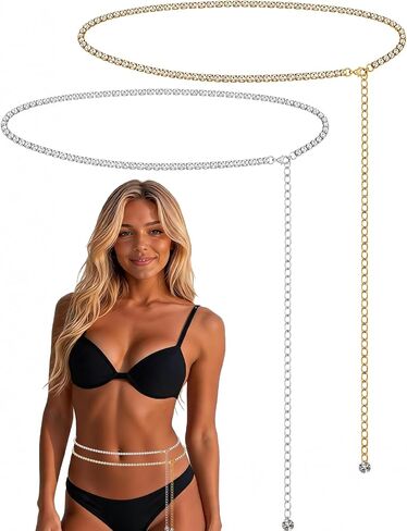 2-Piece Rhinestone Waist Chain, Adjustable Gold and Silver Minimalist Belly Chains with Dangle Drop, Sexy Abdominal Body Chain for Women Bikini Beach and Rave Party in Saudi Arabia