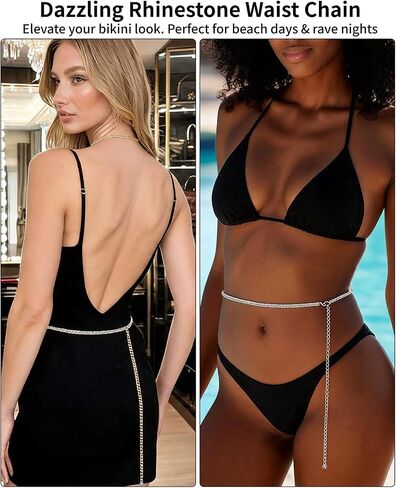 2-Piece Rhinestone Waist Chain, Adjustable Gold and Silver Minimalist Belly Chains with Dangle Drop, Sexy Abdominal Body Chain for Women Bikini Beach and Rave Party in Saudi Arabia