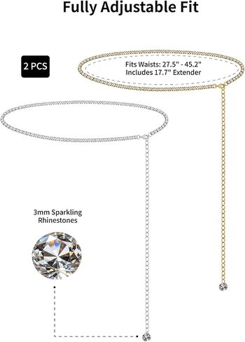 2-Piece Rhinestone Waist Chain, Adjustable Gold and Silver Minimalist Belly Chains with Dangle Drop, Sexy Abdominal Body Chain for Women Bikini Beach and Rave Party in Saudi Arabia