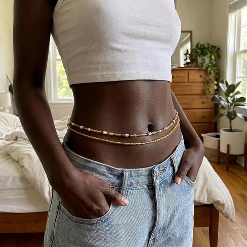 Waist Beads Body jewelry, Colorful Belly beads, Bohemian Bead jewelry, Layered Belly chains, 31.5Inch Stretches Waist chain (2 Piece) (coffe) in Saudi Arabia
