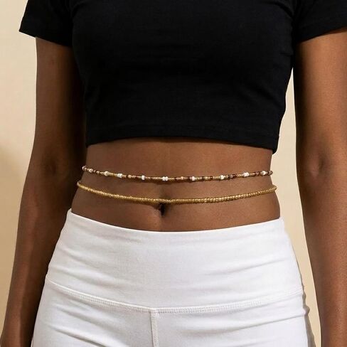 Waist Beads Body jewelry, Colorful Belly beads, Bohemian Bead jewelry, Layered Belly chains, 31.5Inch Stretches Waist chain (2 Piece) (coffe) in Saudi Arabia