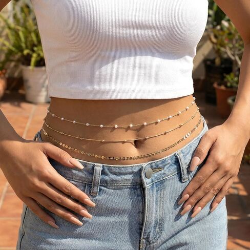 Nogeqi 6 Pcs Belly Chains for Women, 3 Styles Boho Body Chain with Pearl, Adjustable Gold Waist Chain,Body Jewelry for Women Backless Dress Trendy Sexy Beach Accessories in Kuwait