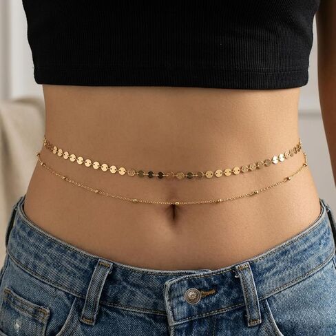 2 PCS Waist Chain for Women Layered Belly Belt Chain Gold Body Chain Boho Sexy Bikini Beach Waist Bead Chains Adjustable Dainty Summer Jewelry Accessories for Women in Kuwait