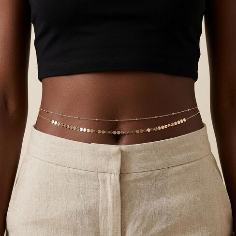 2 PCS Waist Chain for Women Layered Belly Belt Chain Gold Body Chain Boho Sexy Bikini Beach Waist Bead Chains Adjustable Dainty Summer Jewelry Accessories for Women in Kuwait