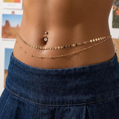 2 PCS Waist Chain for Women Layered Belly Belt Chain Gold Body Chain Boho Sexy Bikini Beach Waist Bead Chains Adjustable Dainty Summer Jewelry Accessories for Women in Kuwait