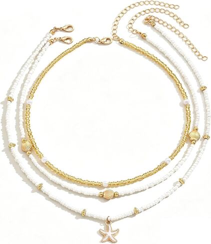 3 Layer Beach Layered Necklaces for Women, Boho Gold White Beaded Choker with Starfish & Shell Charms, Hypoallergenic Summer Coastal Jewelry for Daily & Beach Wear in Kuwait