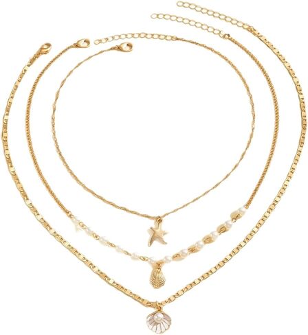 3 Layer Beach Layered Necklaces for Women, Boho Gold White Beaded Choker with Starfish & Shell Charms, Hypoallergenic Summer Coastal Jewelry for Daily & Beach Wear in Kuwait