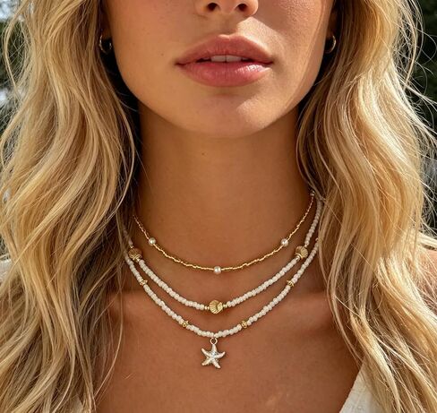 3 Layer Beach Layered Necklaces for Women, Boho Gold White Beaded Choker with Starfish & Shell Charms, Hypoallergenic Summer Coastal Jewelry for Daily & Beach Wear in Kuwait