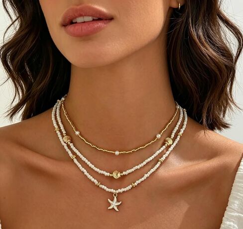 3 Layer Beach Layered Necklaces for Women, Boho Gold White Beaded Choker with Starfish & Shell Charms, Hypoallergenic Summer Coastal Jewelry for Daily & Beach Wear in Kuwait