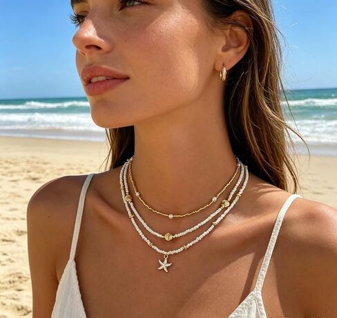 3 Layer Beach Layered Necklaces for Women, Boho Gold White Beaded Choker with Starfish & Shell Charms, Hypoallergenic Summer Coastal Jewelry for Daily & Beach Wear in Kuwait