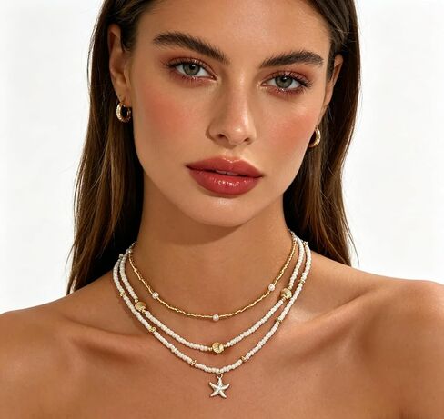 3 Layer Beach Layered Necklaces for Women, Boho Gold White Beaded Choker with Starfish & Shell Charms, Hypoallergenic Summer Coastal Jewelry for Daily & Beach Wear in Kuwait