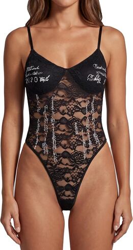 Sunzel Sheer Lace Bodysuit for Women V Neck Backless Sleeveless Sexy Thong Bodysuit Snap Crotch Spaghetti Strap Going Out Top in Kuwait
