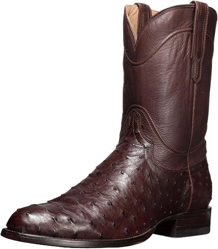 Men's Ostrich Pattern Leather Pull-On Western Cowboy Boots Fashionable Pointed Toe Block Heel Comfortable Non-Slip Warm Mid-Tube Casual Boots For Daily Party Activities Outdoor in Saudi Arabia