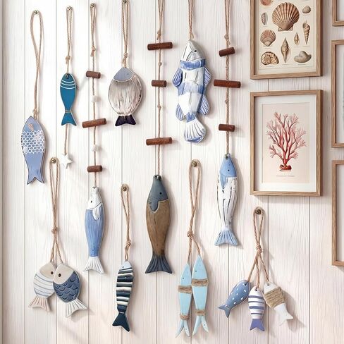 Thyle 12 Pcs Summer Wooden Fish Hanging Wall Decor School of Fish Wall Art Nautical Rustic Beach Coastal Ocean Theme Decor Fishing Wood Sculpture Hanging Sign for Home Lake House Bathroom Bedroom in Kuwait