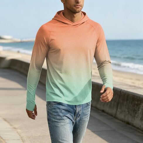 Mens Rash Guard Long Sleeve Fishing Shirts UPF 50+ Cooling with Hooded Tops for Workout Running with Thumb Holes in Saudi Arabia