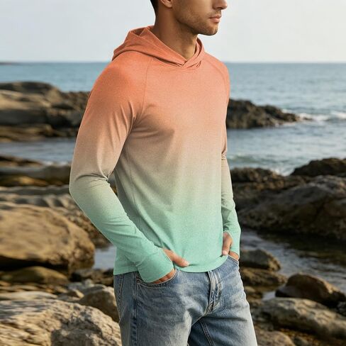 Mens Rash Guard Long Sleeve Fishing Shirts UPF 50+ Cooling with Hooded Tops for Workout Running with Thumb Holes in Saudi Arabia