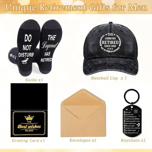 Funny Retirement Gifts for Men - 4 Pcs 2026 Retirement Gifts for Men, Baseball Cap Socks Keychain Greeting Card Gift Set Unique Retired Gift Ideas for Dad Husband Friend Grandpa Coworker in Kuwait