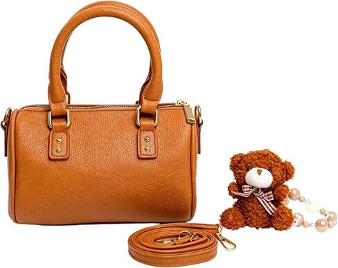 Small Boston Bag for Women, Cute Mini PU Leather Handbag with Bear Charm, Top Handle Satchel Purse Shoulder Bag Crossbody Bag in Saudi Arabia